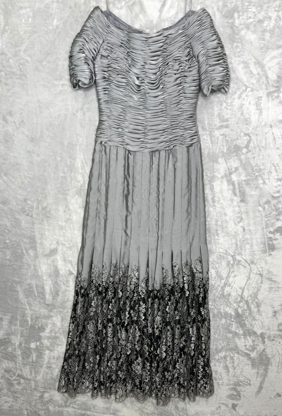 Rose Taft Couture Gown Dress Womens Small Medium Gray Silver Silk Ruched Lace